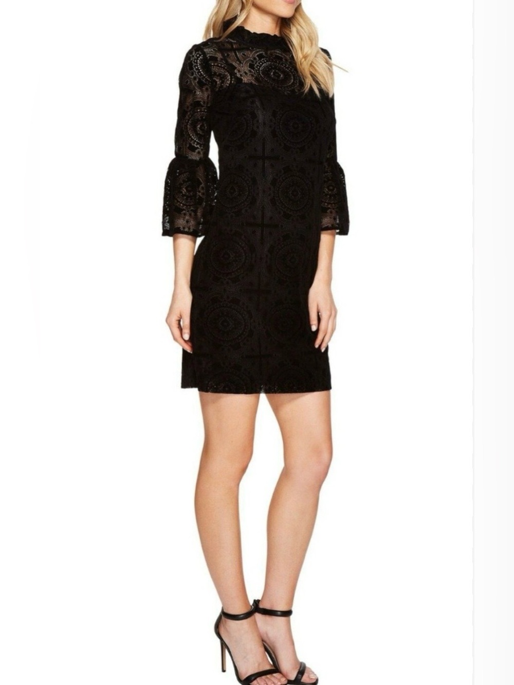 Calvin Klein Black Lace Velvet Mini Dress with Bell Sleeves size 12 Women’s